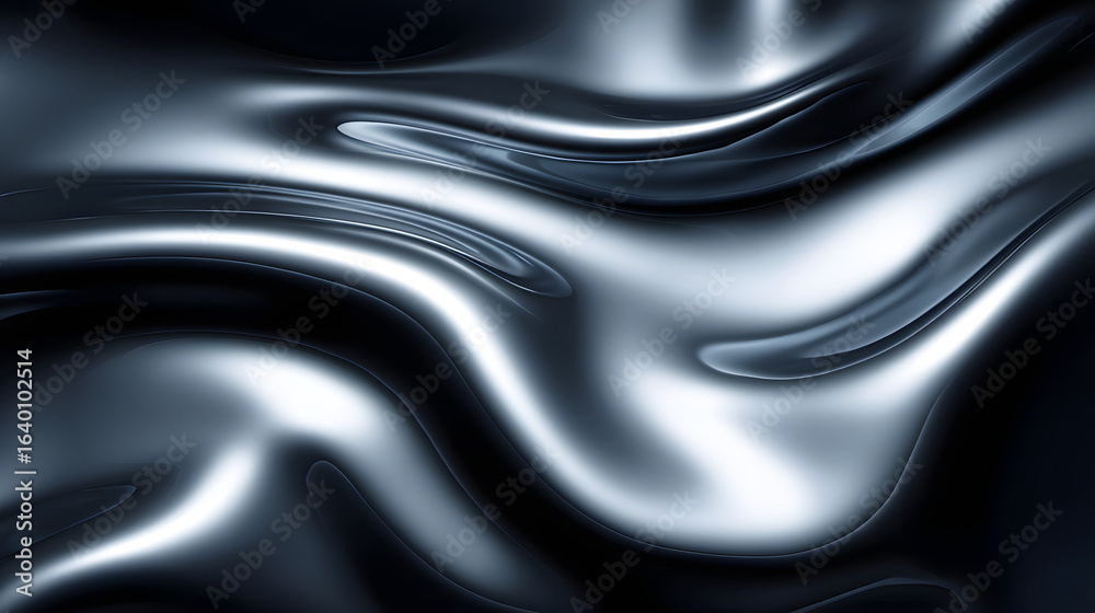 Obraz premium Abstract liquid metal surface, smooth flowing chrome waves, polished reflective texture, organic curves, high gloss, futuristic and elegant aesthetic, cinematic lighting, ultra-detailed metallic refle