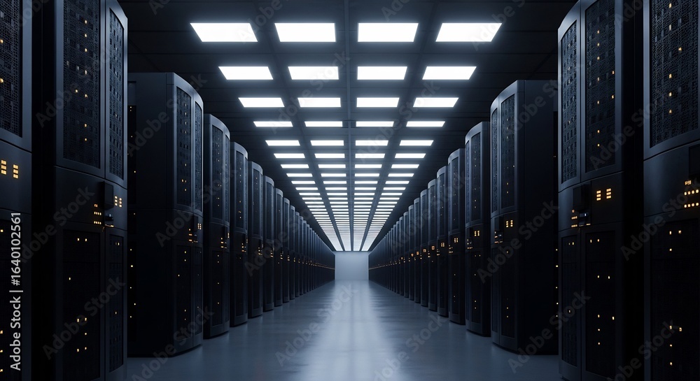 Fototapeta premium Vast Server Room Rows of Powerful Data Storage Servers in a Modern Data Center