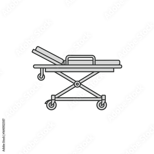 An isolated grey medical gurney or patient transport stretcher with adjustable headrest and wheels in a clean line art style.