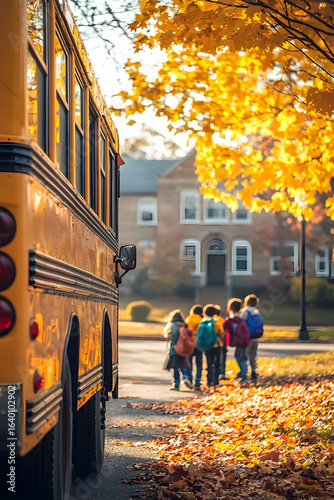 Children step off a yellow school bus toward a large school building; autumn leaves and sunlight evoke warmth, motion, and nostalgic energy. Back To School concept.