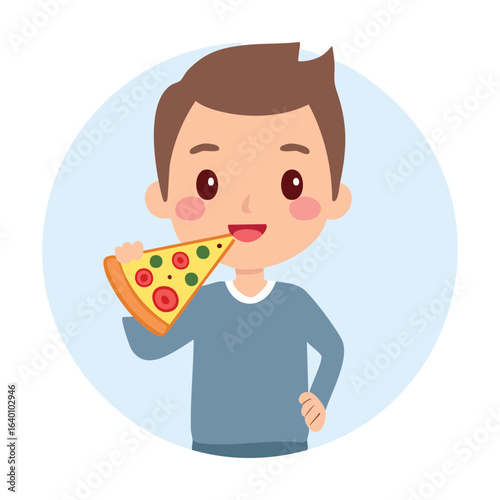 A young boy happily enjoying a slice of pizza
