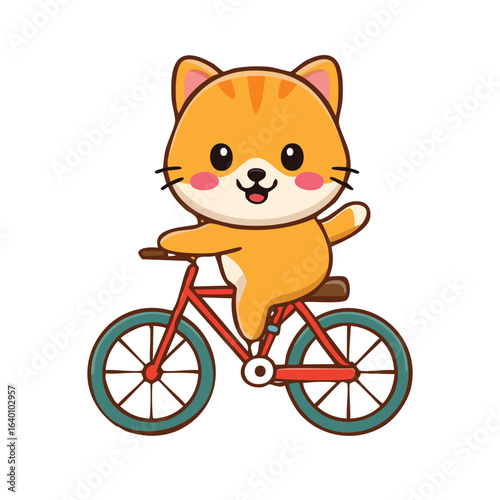 An adorable cartoon cat happily riding a bicycle. The cat has a cute orange fur and a joyful expression