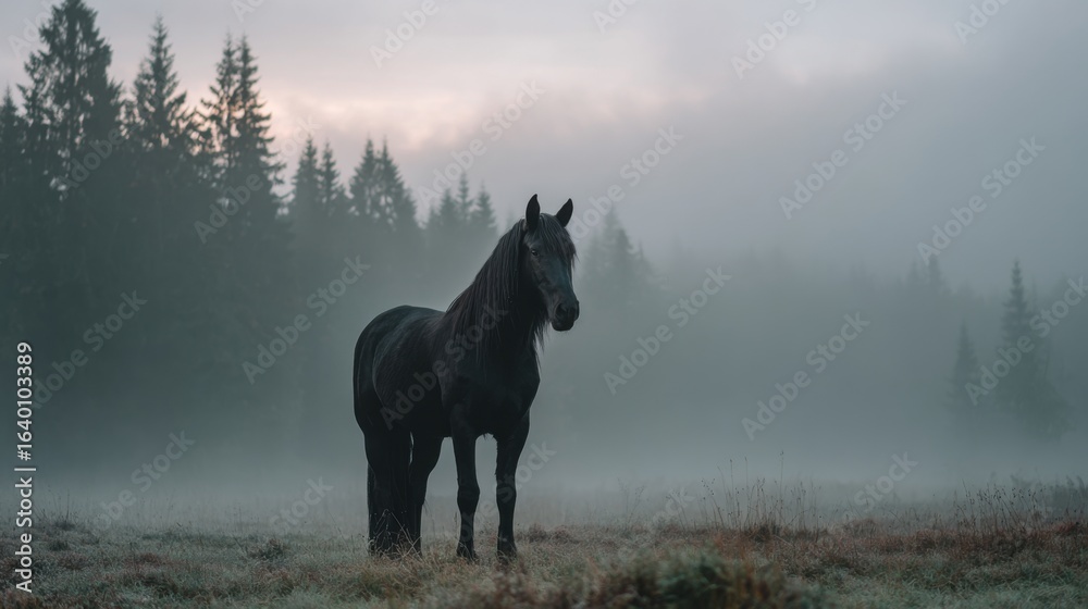 Fototapeta premium A black horse stands in a foggy field. The horse is alone and he is looking to the left. The foggy atmosphere creates a sense of mystery and solitude