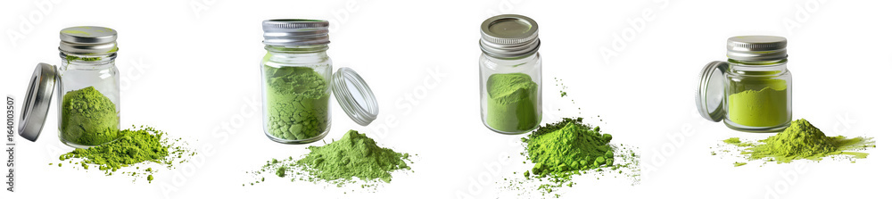 Four glass jars filled with vibrant green matcha powder, isolated on a transparent background, showcasing healthy culinary ingredients Four glass jars filled with vibrant green matcha powder, isolated on a transparent background, showcasing healthy culinary ingredients