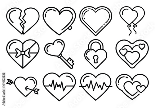 Classic and Creative Heart Icons Love Pulse Lock and Gift Vector Set
