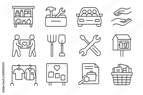 Community services icons: volunteering, carpooling, donation, repair, gardening