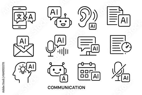 Ai communication icons featuring chatbots and voice recognition tools