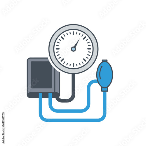 Medical blood pressure gauge illustration, showing the components of a sphygmomanometer.