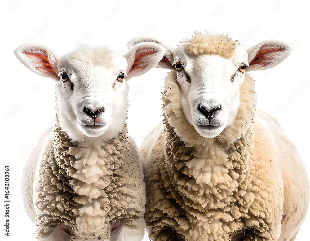 Two sheep faces close up against a white background. Two sheep faces close up against a white background.