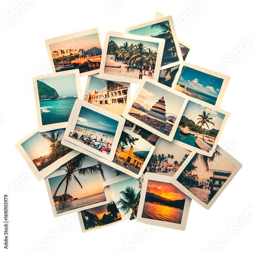 Collection of vintage travel postcards depicting tropical destinations and sunsets isolated on transparent background