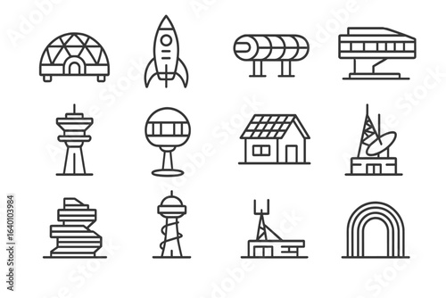 Futuristic building icons on gradient background