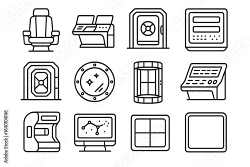 Futuristic control panels and devices in minimalist black line icons