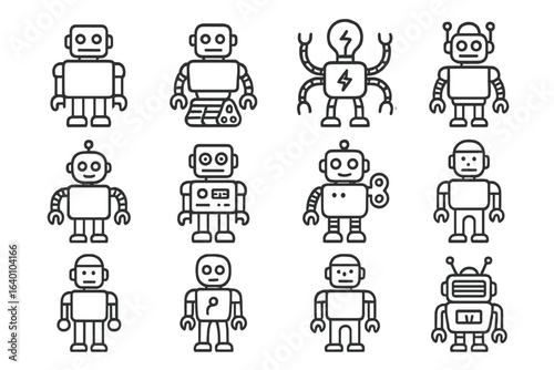 Twelve unique robot designs with varied appendages and features