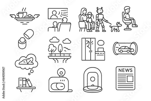 Minimalist line art icons depicting various everyday scenarios and objects