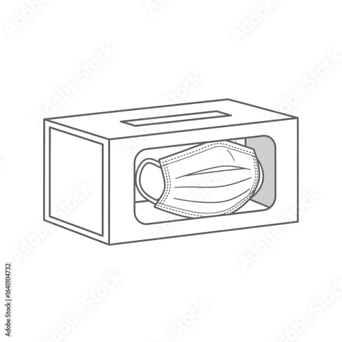 A white line drawing depicts a dispenser box containing a single disposable medical face mask.