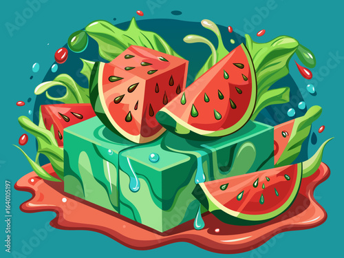 vector of Watermelon slices and splashes, perfect for summer ads, drink ads, cooking blogs...on a block of ice