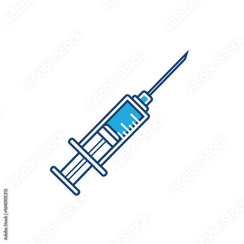 A blue line art icon of a medical syringe with a needle, filled with blue liquid for an injection.