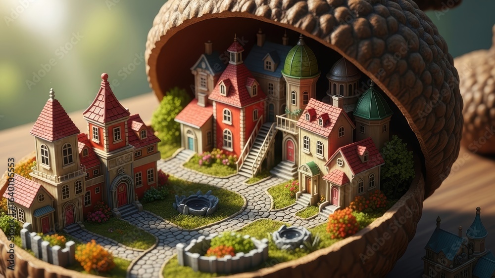 Fototapeta premium Detailed miniature houses inside an open acorn.