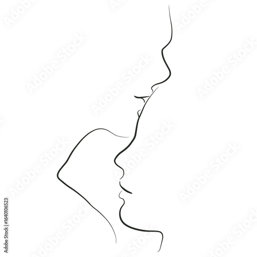 Minimal line art couple kissing forehead silhouette in profile