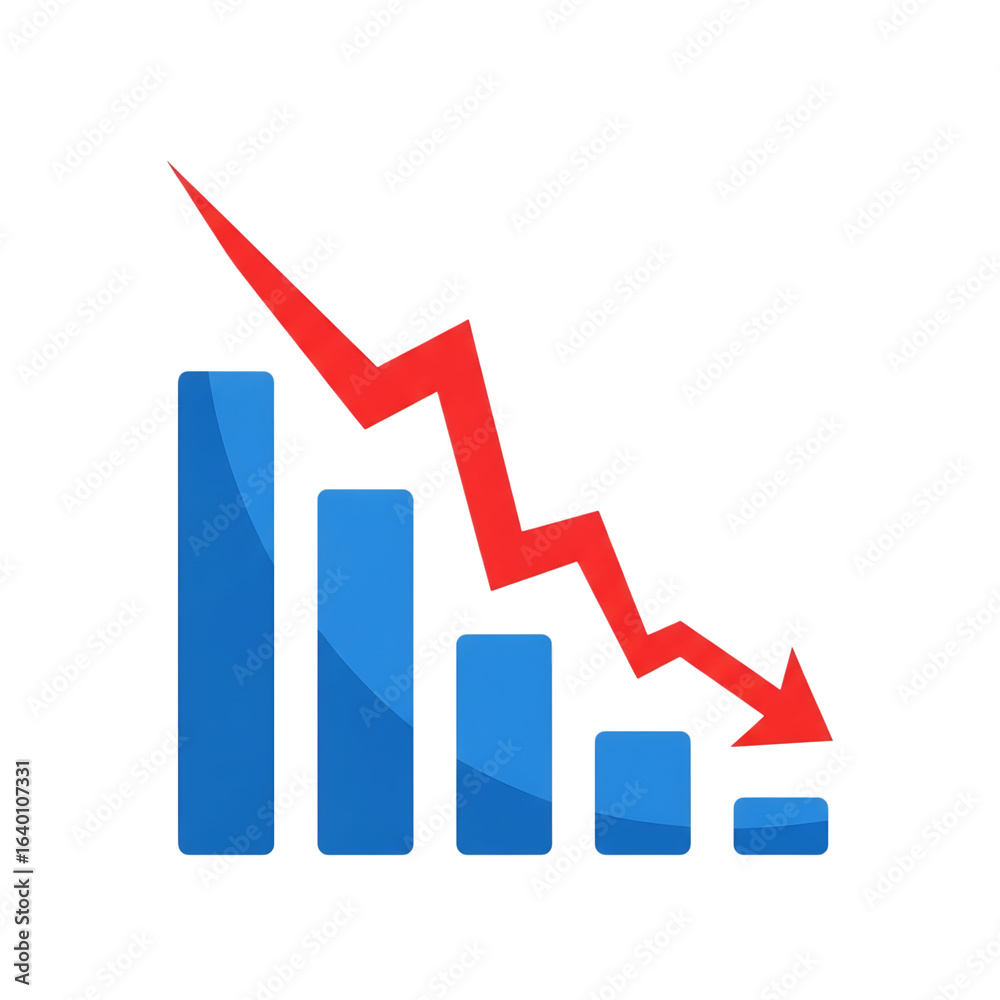 Business graph with a red arrow pointing down, indicating a decline in performance, isolated on transparent background Business graph with a red arrow pointing down, indicating a decline in performance, isolated on transparent background