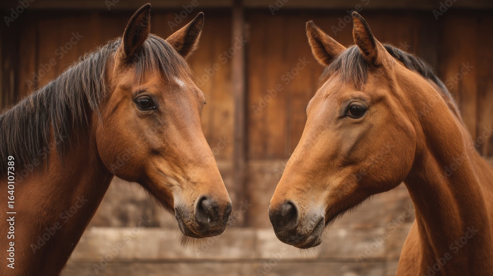 Two brown horses are standing next to each other in a barn. They are both looking at the camera, and their eyes are closed. The barn is made of wood and has a rustic feel to it Two brown horses are standing next to each other in a barn. They are both looking at the camera, and their eyes are closed. The barn is made of wood and has a rustic feel to it