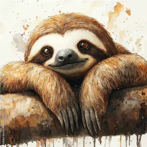 Sloth, watercolor vector, isolated on a white background.