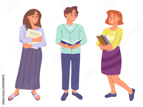Reading characters holding books. Book lovers, young women and man literature fans isolated flat vector illustration set. Cartoon reading people