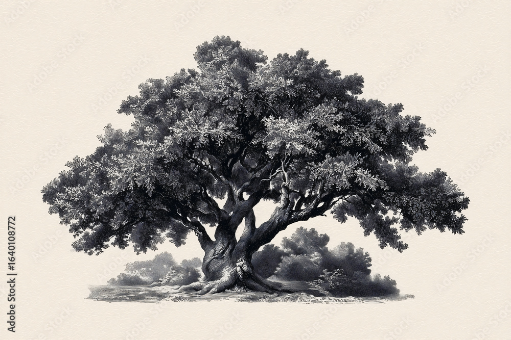 Fototapeta premium An old and majestic oak tree stands proudly, its sprawling branches reaching towards the sky. This image captures the timeless beauty and strength of nature's giants.