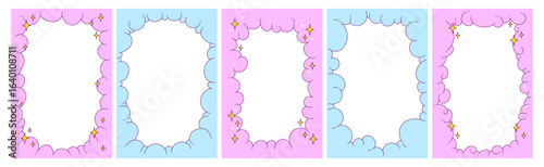 Cute pastel bubble cloud frames with sparkles set