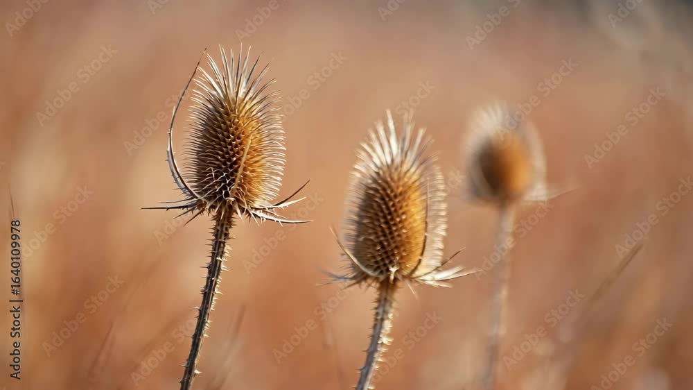 Teasel Seedheads Swaying in Wind at Golden Hour, Soft Bokeh Teasel Seedheads Swaying in Wind at Golden Hour, Soft Bokeh