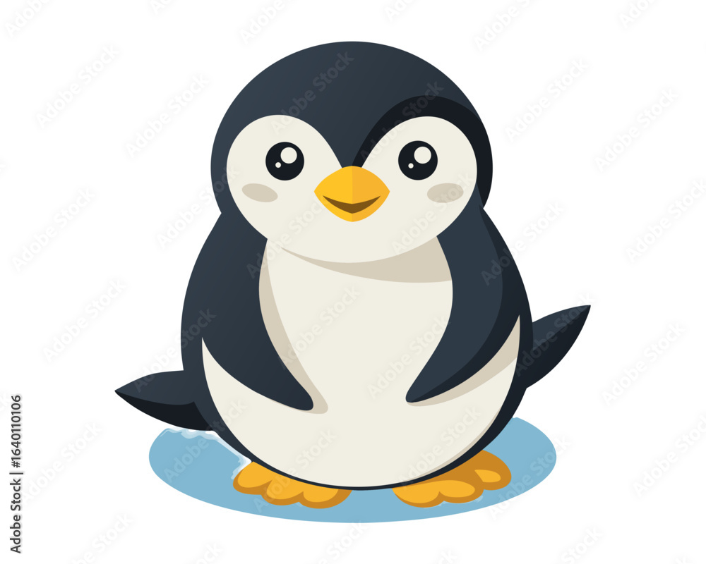 Fototapeta premium Adorable cartoon penguin with big eyes and a yellow beak sits on a blue icy surface