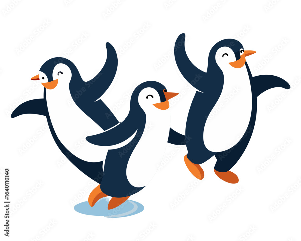 Fototapeta premium Three cheerful cartoon penguins with their flippers raised in a joyful dance on a black background