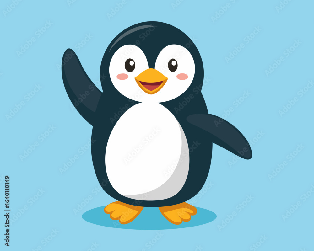 Naklejka premium A cheerful cartoon penguin with its right flipper raised in a friendly wave against a light blue background