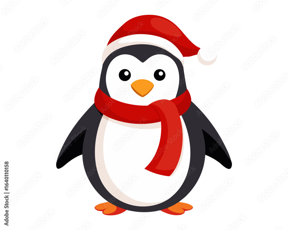 Fototapeta premium Adorable cartoon penguin wearing a festive red santa hat and a cozy red scarf on a transparent background