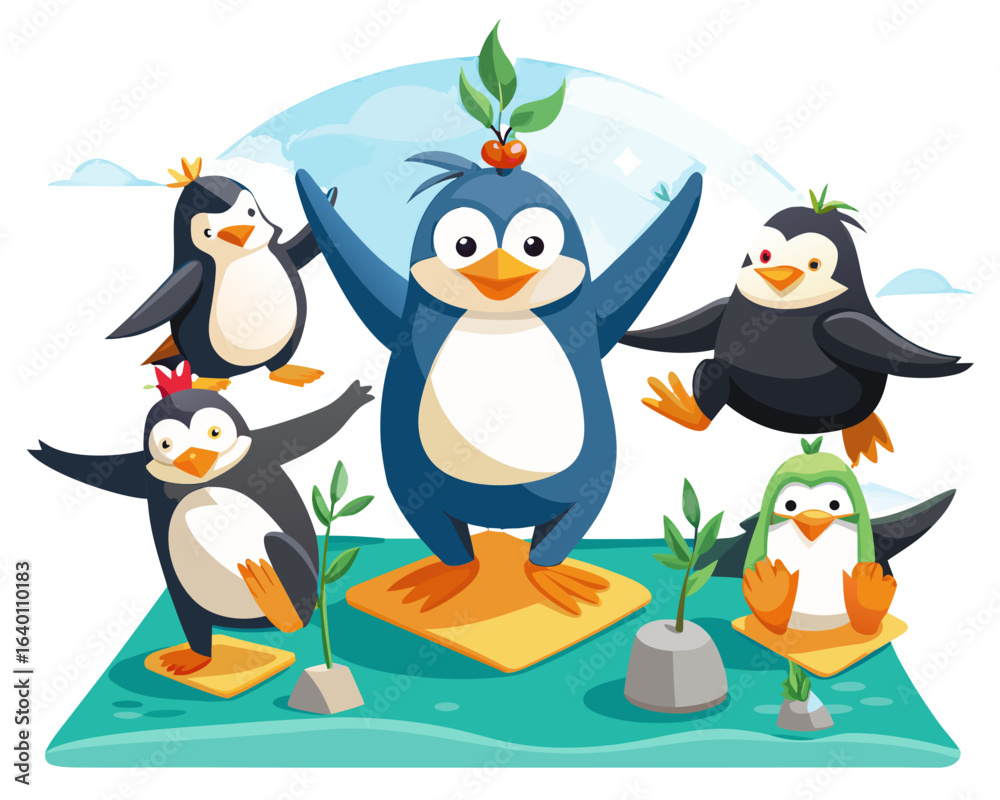 Fototapeta premium Joyful penguins practicing yoga and meditation in a serene natural environment under a bright blue sky