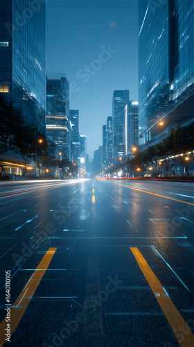 Futuristic AR wayfinding overlays on a clean modern city street at blue hour, vertical background with copyspace