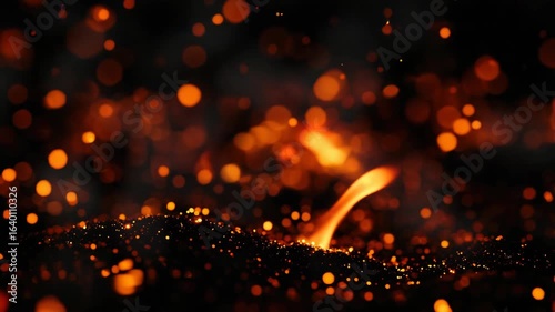 A powerful volcanic eruption captured from a distance, with lava and flames glowing intensely against the night sky.