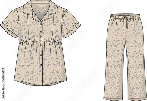 Women’s floral pajama set flat sketch with short-sleeve button-up top and drawstring pants, printed loungewear fashion design template