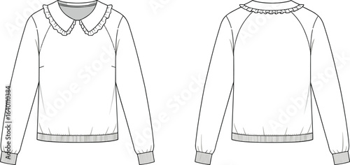 Technical fashion flat sketch of women’s sweatshirt with ruffled Peter Pan collar, front and back views, vector garment design template