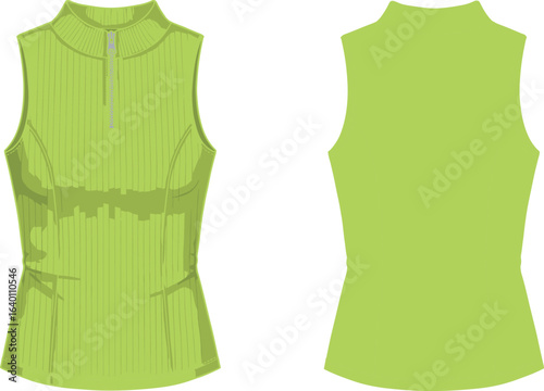 Sleeveless ribbed mock neck top with front zipper, fitted waist shaping, activewear style, back view, flat fashion CAD illustration