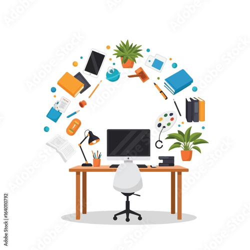 A modern home office desk setup with a computer and chair, surrounded by a diverse array of work, study, and creative tools.