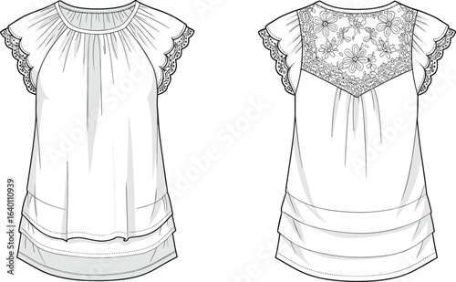Women’s sleeveless blouse fashion flat sketch with lace flutter sleeves, floral lace yoke back, layered hem, front and back view
