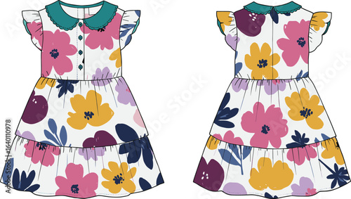 Toddler girl floral print tiered dress fashion flat sketch vector template with flutter sleeves, scalloped collar, front and back view