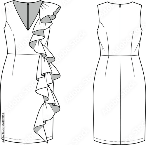 Women’s sleeveless sheath dress with cascading front ruffle detail fashion flat sketch vector template front and back technical drawing