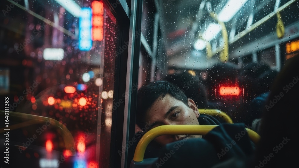 Obraz premium An exhausted man sleeps on a rainy night bus.