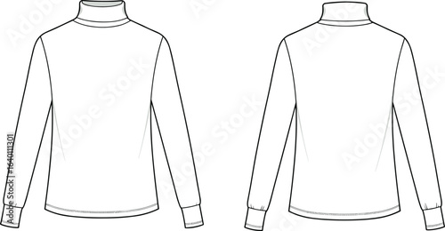 Long sleeve turtleneck sweater fashion flat sketch, high neck pullover top, unisex winter clothing technical vector template front and back