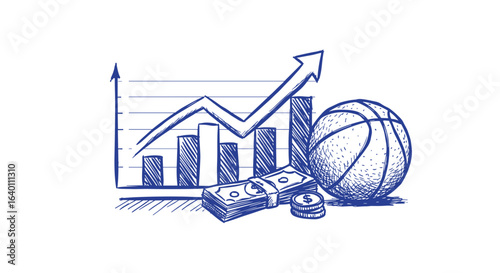 Blue ballpoint pen doodle financial growth chart with basketball, symbol of investment in sports, hand-drawn sketch isolated on white vector illustration

