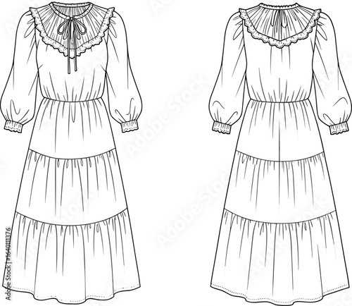 Vintage tiered maxi dress fashion flat sketch, long sleeve ruffle collar design, women’s apparel CAD drawing, technical garment vector template