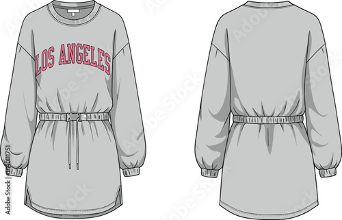 Oversized sweatshirt dress flat sketch, women’s long sleeve tunic CAD, belted waist, “Los Angeles” print, crew neck, front and back view