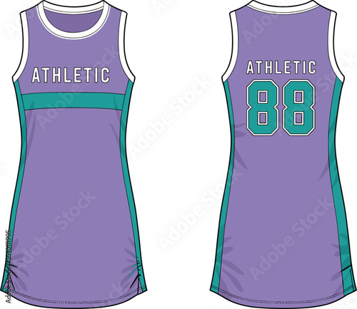 Sleeveless sports dress flat sketch, athletic number print CAD, vector activewear template, women’s sport tank dress illustration, front and back view